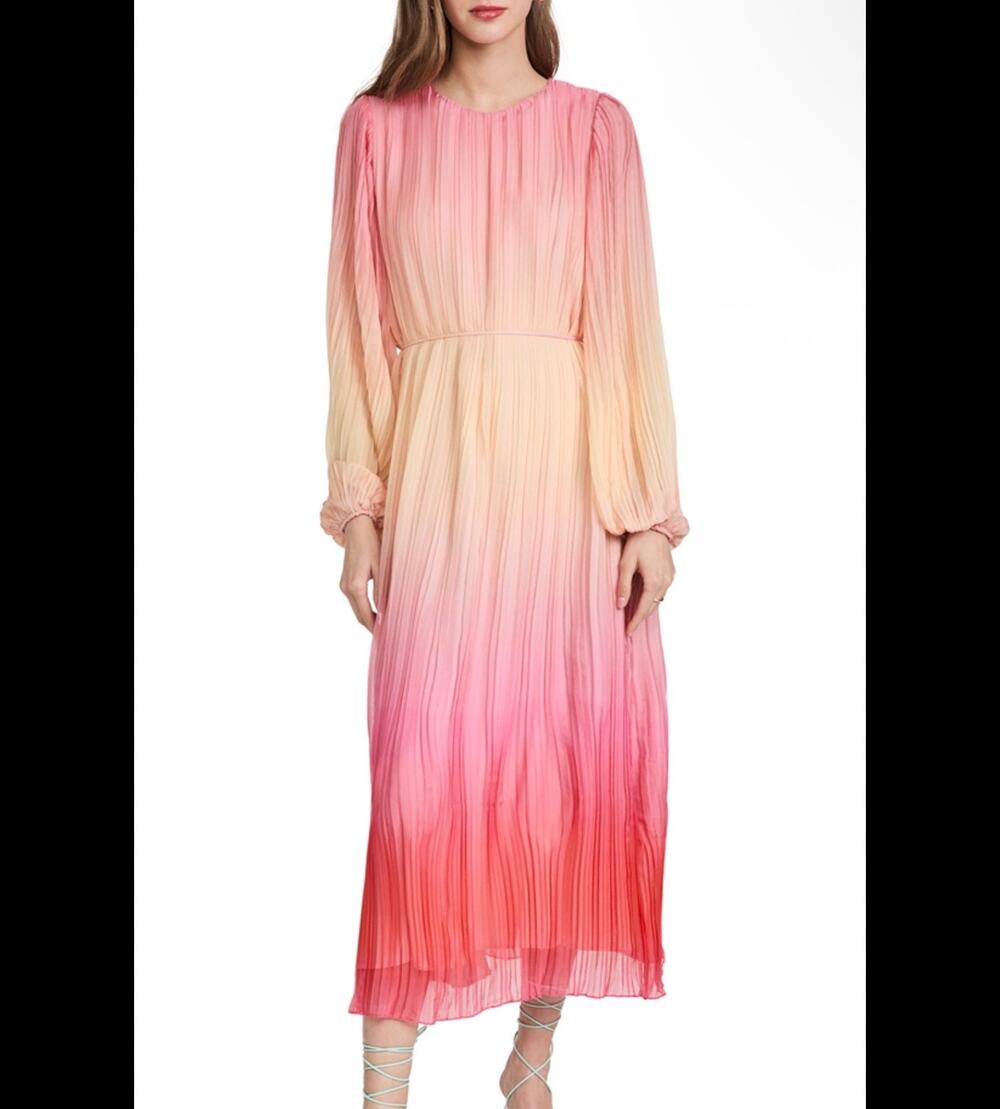 New something navy pleated ruffle long sleeve ombré pink dress XS $295